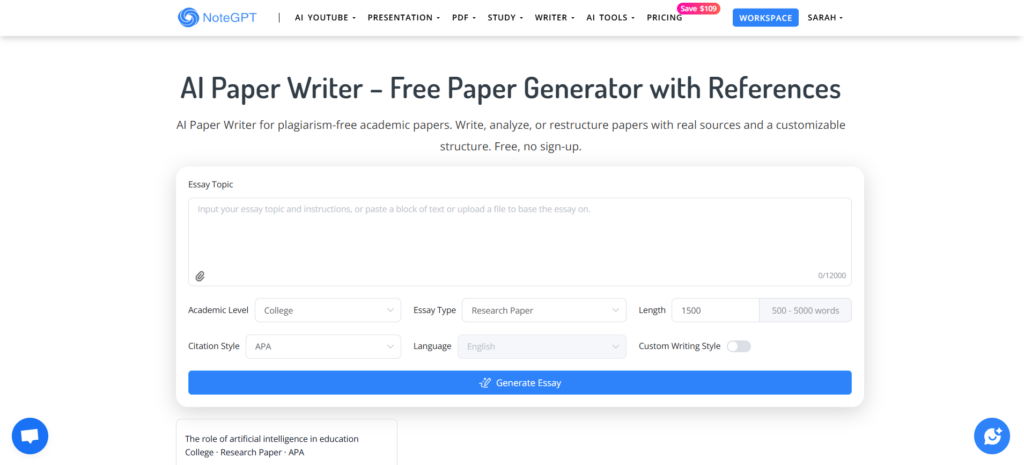 NoteGPT AI Paper Writer
