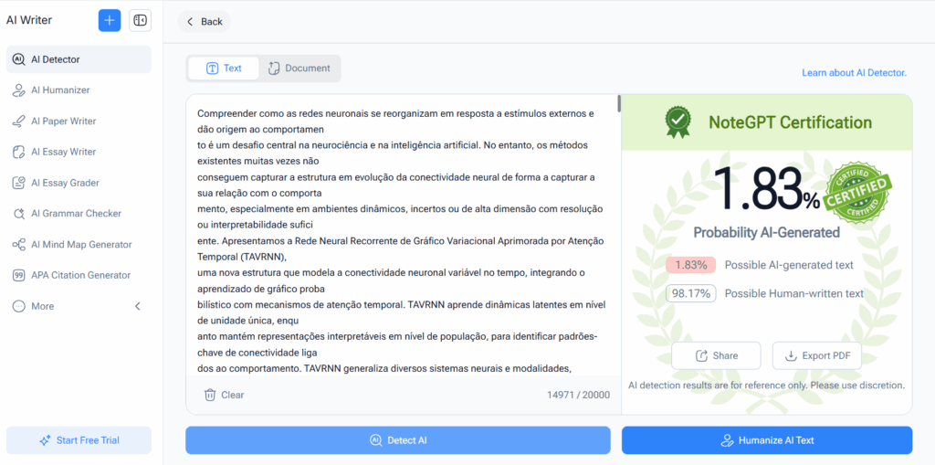 NoteGPT AI Detector (Best Overall for Accuracy + Transparency)