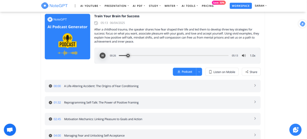 NoteGPT: Best for One-Click YouTube to Podcast Conversion