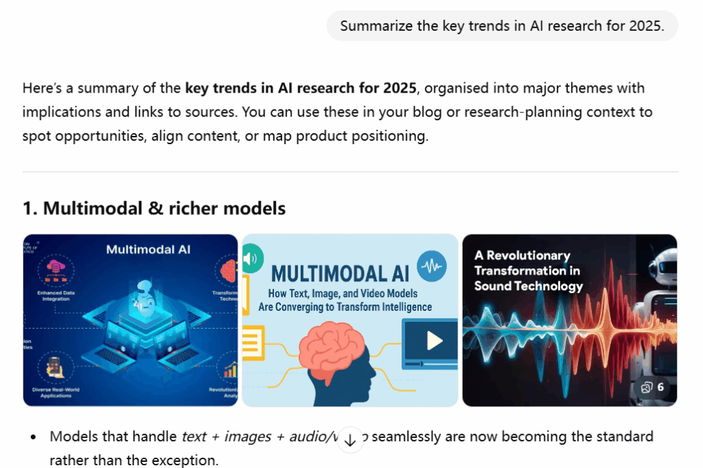 Prompt 1: “Summarize the key trends in AI research for 2025.”