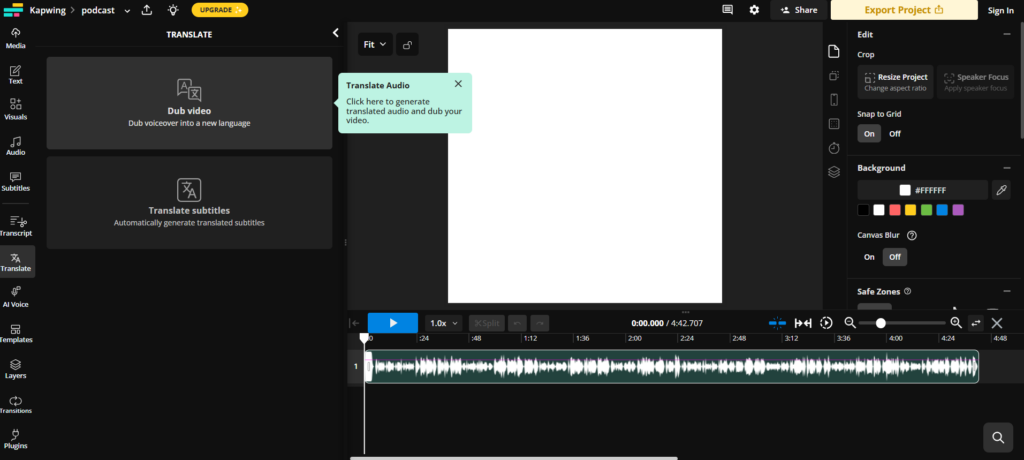 Kapwing – Known for its video editing features with built-in audio transcription and subtitle translation