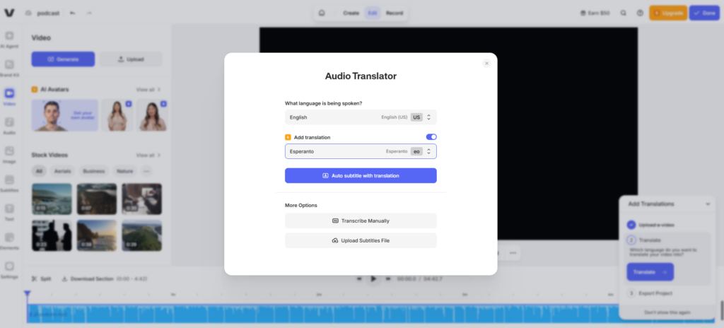 Veed.io – A browser-based editor with transcription and subtitle export; perfect for social media videos