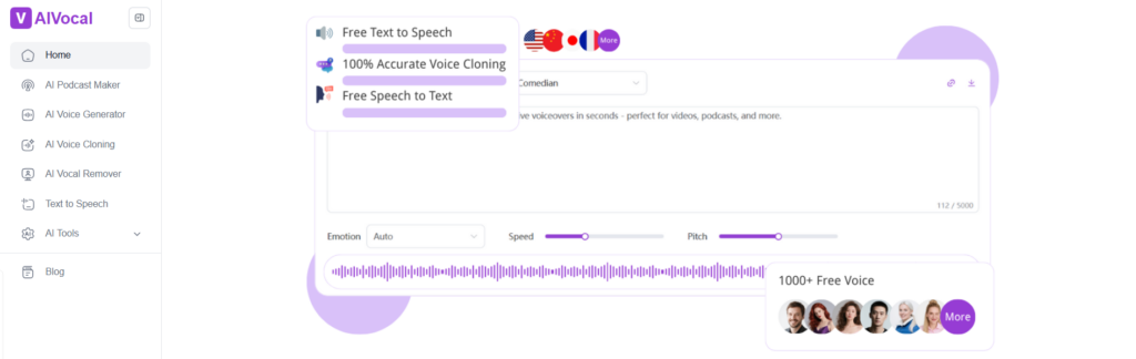 AIVocal stands out as one of the best AI voice generator platforms with expressive presets
