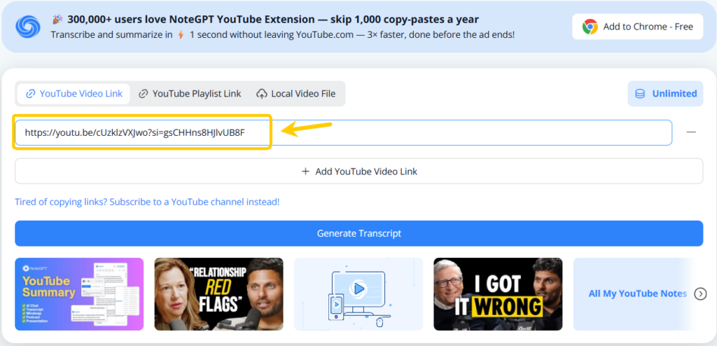 Step 2: Paste the Link into NoteGPT’s YouTube Transcript Generator