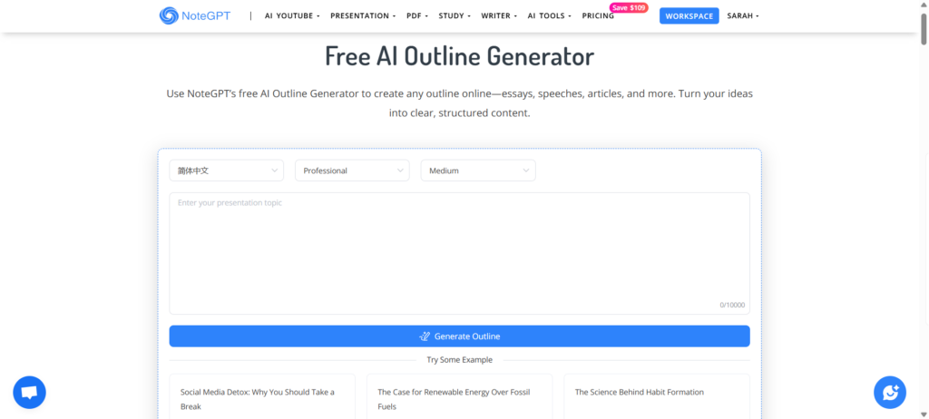 NoteGPT AI Outline Generator