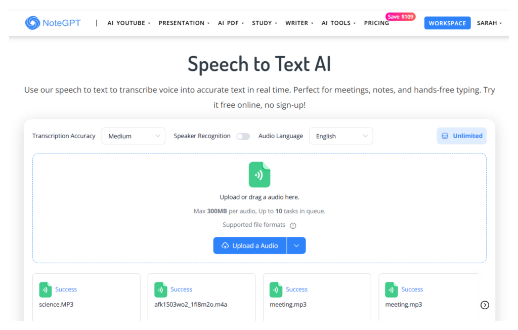 NoteGPT Speech to Text Large File Transcription