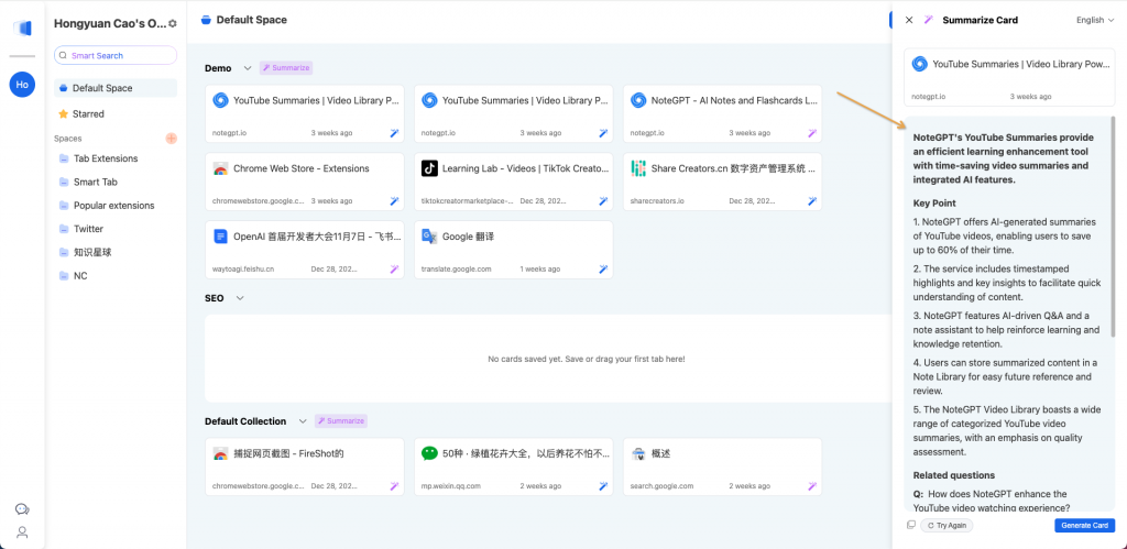 1-min Summary, key point, Related questions and keywords by Smart TAB