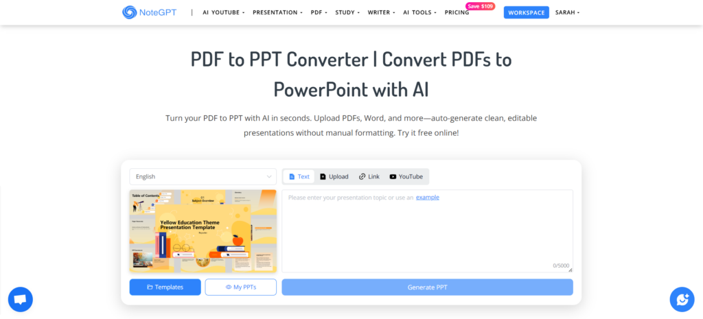 NoteGPT – Best for Intelligent Slide Organization and Editable Templates