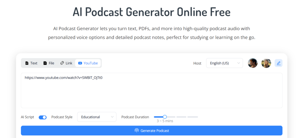 NoteGPT: Best for One-Click YouTube to Podcast Conversion