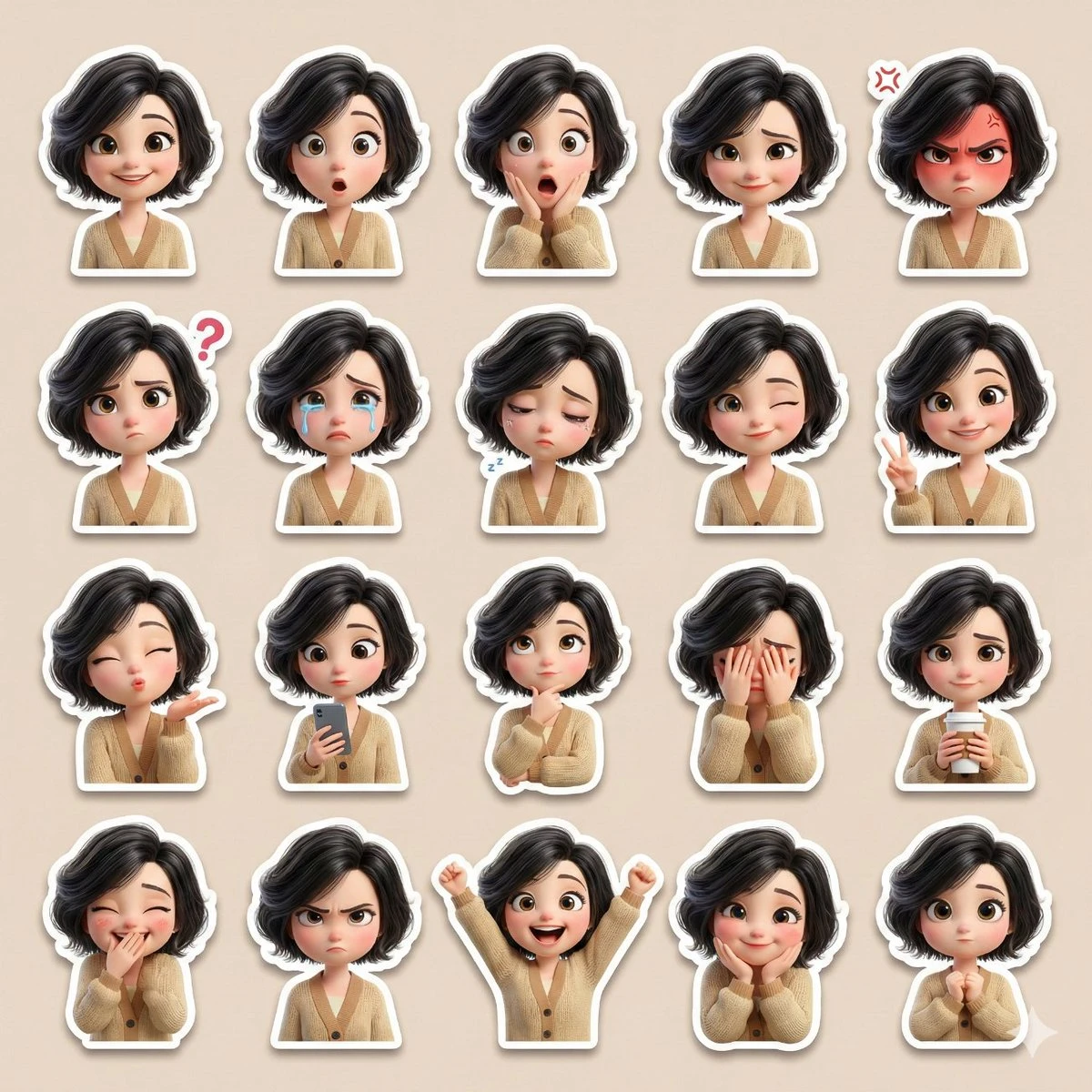 Please use the attached reference image as the base character.
Create a single high-resolution collage containing at least 20 cute sticker-style illustrations of the same female character. Ensure the face, skin tone, hairstyle, and overall appearance perfectly match the reference image.
Art Style: {argument name="art style" default="3D Pixar-style / Disney-style cartoon"}, soft cinematic lighting, smooth pastel colors, large expressive eyes, rounded cute facial proportions, ultra-detailed 3D rendering.
Character Details:
• Lightly permed black hair
• Large expressive eyes
• Beige cardigan
• Cute, slightly chubby proportions
Expressions and Reactions (all distinct):
Happy smile, surprised, shocked, shy smile, angry, confused, crying, sleepy, winking, peace sign, blowing a kiss, holding a cell phone, thinking, covering face, holding coffee, covering mouth while laughing, annoyed, excited, affectionate expression, cute neutral pose (over 20 total).
Sticker Design:
• Each reaction as a separate sticker
• Clean white border on all stickers
• Soft drop shadow
• No text, no watermark
Layout:
• All stickers neatly arranged in one collage
• Balanced grid layout
• Soft beige/pastel-toned background
• Instagram/WhatsApp-style sticker pack design
Quality:
Ultra-high definition, high resolution, smooth 3D finish, professional-grade sticker pack style, lovingly expressive.