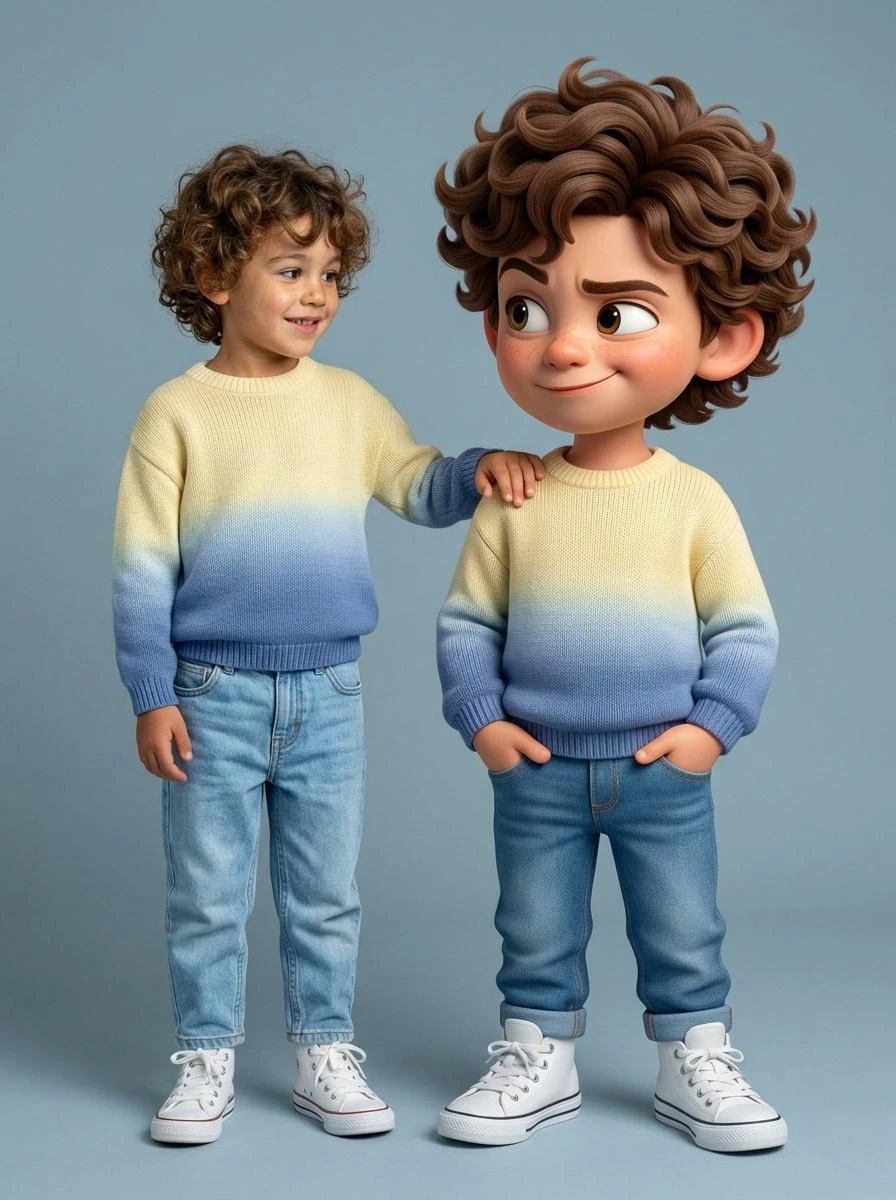 Ultra-high-quality hyper-realistic photo featuring a real human and a giant 3D Pixar-style version of THE SAME person both strictly based on the uploaded reference image. The real person and the Pixar character must have identical facial structure, hairstyle, facial expression, body proportions, height, and clothing.
Both are wearing a knitted sweater with a gradient from light yellow to pink, high-waisted blue jeans, and white high-top sneakers.
The pose must exactly match the reference: the real person stands relaxed with a friendly smile, with their hand naturally resting on the shoulder of the Pixar character. The Pixar version stands slightly wider, arms confidently positioned near the pockets, with a playful sly smirk, one raised eyebrow, and expressive Pixar-style eyes.
The Pixar character should be proportionally larger, but anatomically identical to the real person. The facial expression, head tilt, posture, and body language must precisely replicate the reference image.
Clean gray-blue studio background, soft even studio lighting, realistic shadows, crisp fabric texture, smooth Pixar-style skin shading, cinematic sharpness.
DO NOT change the pose, reaction, clothing, or proportions. Strict adherence to the reference.