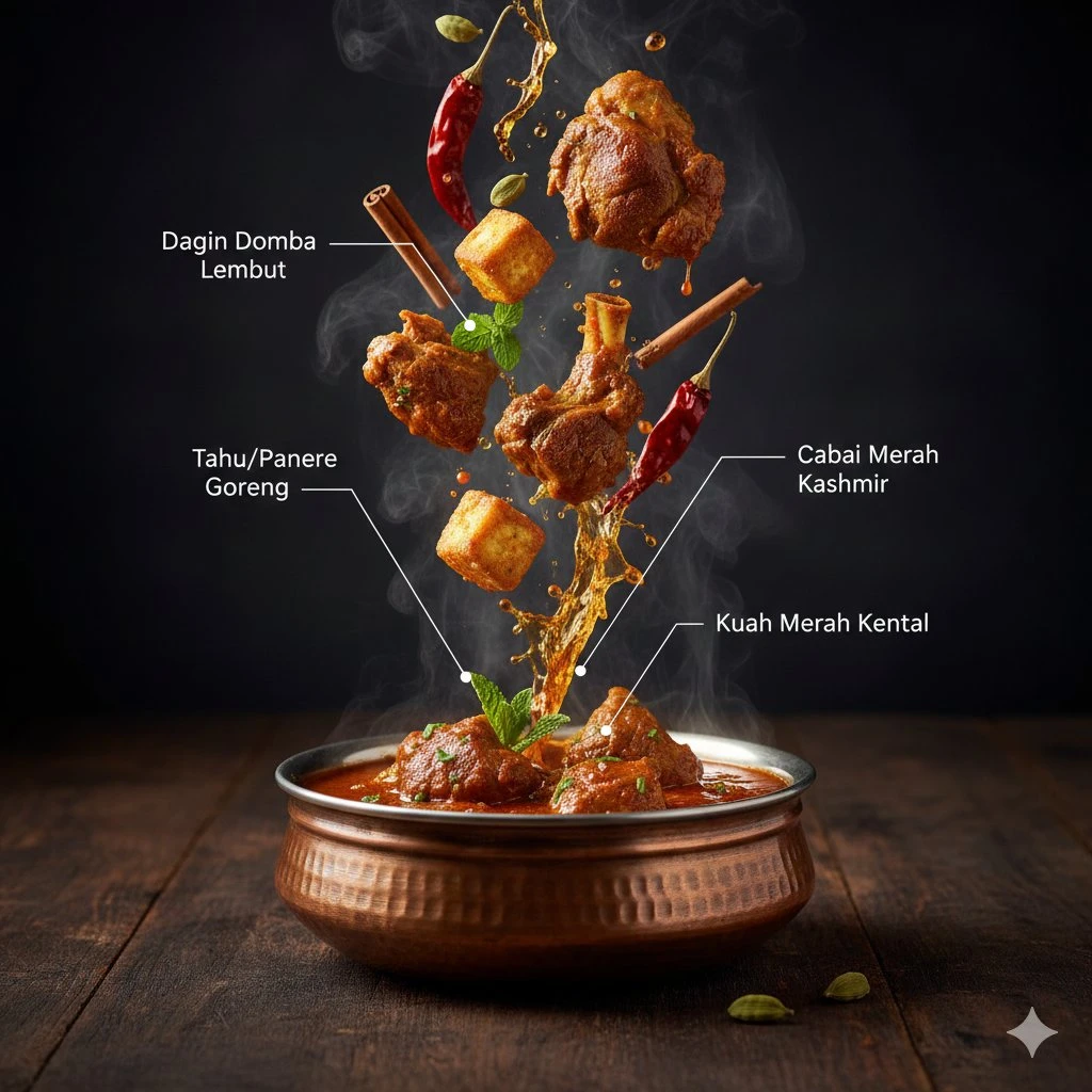 {
  "project": "CuisineInfographic",
  "metadata": {
    "style": "Hyper-Realistic",
    "theme": "Kashmiri Wazwan",
    "resolution": "8K_Ultra_HD"
  },
  "scene_setup": {
    "background": "Rustic_Dark_Wood",
    "lighting": "Cinematic_Studio_Warm",
    "camera": {
      "type": "DSLR_Full_Frame",
      "focus": "Sharp_Macro",
      "depth_of_field": "Shallow_Bokeh"
    }
  },
  "render_elements": {
    "base_anchor": {
      "object": "Traditional_Kashmiri_Copper_Bowl",
      "content": "Steaming_Rogan_Josh",
      "effects": ["Dramatic_Steam", "Volumetric_Vapor"]
    },
    "levitating_entities": [
      { "item": "Tender_Mutton_Chunks", "texture": "Juicy_Fibrous" },
      { "item": "Fried_Paneer_Cubes", "texture": "Golden_Crispy" },
      { "item": "Kashmiri_Red_Chili", "state": "Whole_Dried" },
      { "item": "Saffron_Water_Splashes", "viscosity": "Glossy_Orange" },
      { "item": "Green_Cardamom_Pods", "arrangement": "Motion_Frozen" },
      { "item": "Cinnamon_Bark", "detail": "Ultra_Textured" },
      { "item": "Fresh_Mint_Leaves", "color": "Vibrant_Green" }
    ],
  "ui_overlay": {
    "language": "{argument name="overlay language" default="Indonesian"}",
    "elements": {
      "pointer_lines": "Thin_Minimalist_White",
      "font_style": "Modern_Editorial_Sans",
      "labels": {
        "mutton": "{argument name="mutton label" default="Daging Domba Lembut"}",
        "chili": "Cabai Merah Kashmir",
        "paneer": "Tahu/Paneer Goreng",
        "sauce": "Kuah Merah Kental"
      }
    }
  }
}