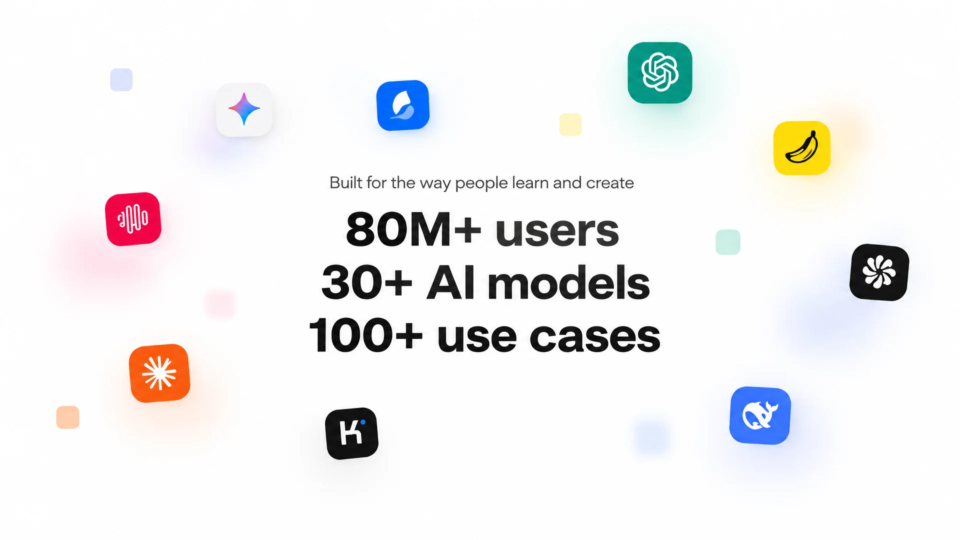 Built for the way people learn and create. 80M+ users, 30+ AI models, 100+ use cases.
