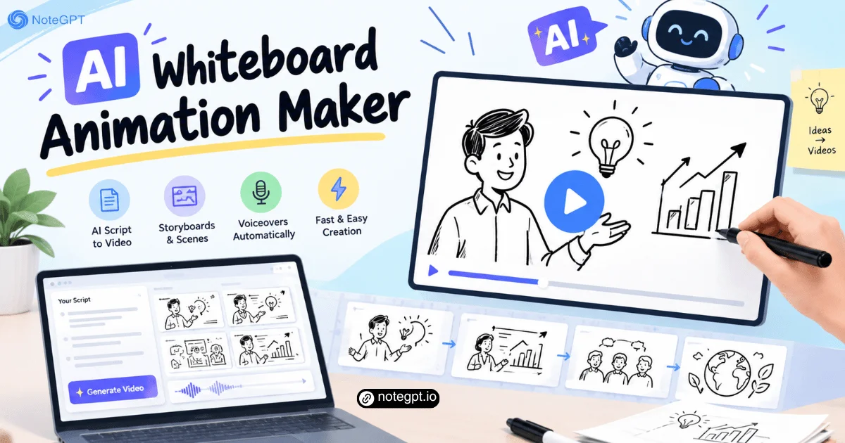 NoteGPT の AI ホワイトボード動画ツール:台本を手描きシーンとナレーションに変換